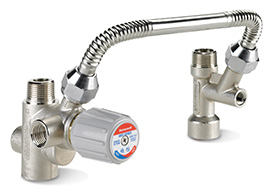 AMX300 lead-free kit with 3/4&quot; 
NPT mixing valve, cold water 
tee and 8&quot; flex connector